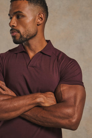 Athletic Fit Signature Open Collar Polo Shirt in Dark Bordeaux