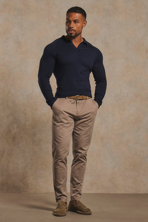 Open Collar Knitted Polo Shirt in Navy