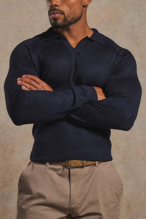 Open Collar Knitted Polo Shirt in Navy