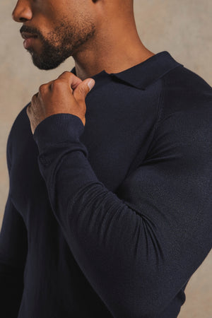 Open Collar Knitted Polo Shirt in Navy