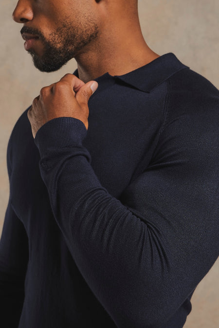 Open Collar Knitted Polo Shirt in Navy