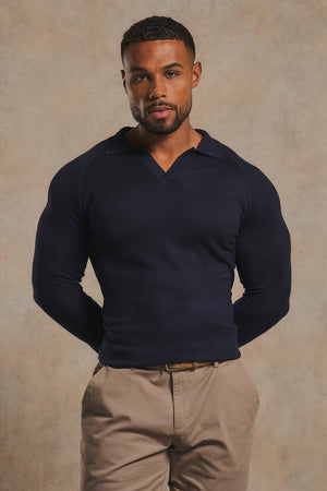 Open Collar Knitted Polo Shirt in Navy