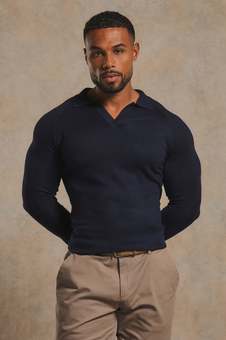 Open Collar Knitted Polo Shirt in Navy