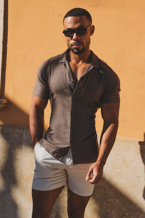 Stretch Linen Blend Cuban Collar Shirt in Chocolate - TAILORED ATHLETE - USA