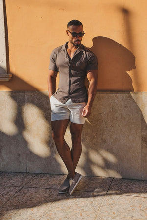 Stretch Linen Blend Cuban Collar Shirt in Chocolate - TAILORED ATHLETE - USA