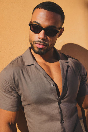 Stretch Linen Blend Cuban Collar Shirt in Chocolate - TAILORED ATHLETE - USA