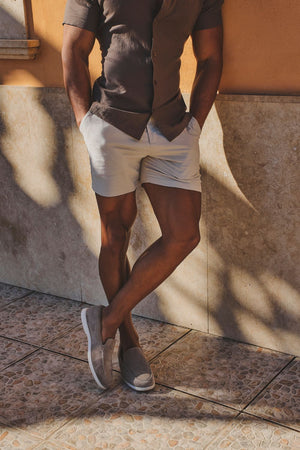 Stretch Linen Blend Cuban Collar Shirt in Chocolate - TAILORED ATHLETE - USA