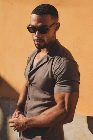 Stretch Linen Blend Cuban Collar Shirt in Chocolate - TAILORED ATHLETE - USA
