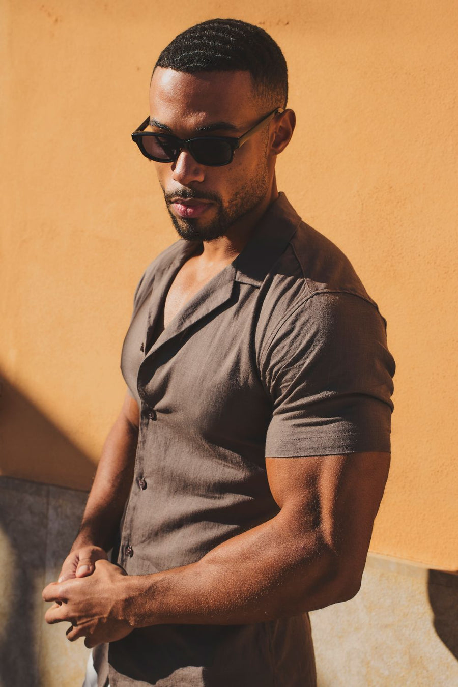 Stretch Linen Blend Cuban Collar Shirt in Chocolate - TAILORED ATHLETE - USA