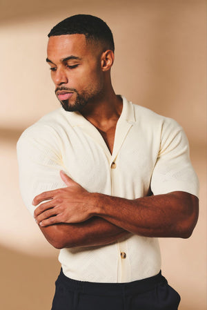 Diamond Jacquard Revere Collar Knitted Shirt in Ecru - TAILORED ATHLETE - USA
