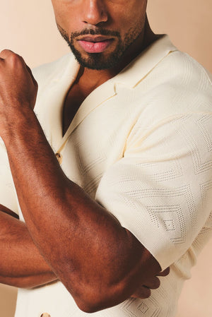 Diamond Jacquard Revere Collar Knitted Shirt in Ecru - TAILORED ATHLETE - USA