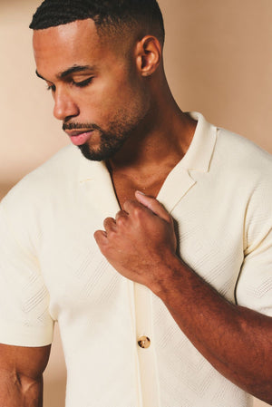 Diamond Jacquard Revere Collar Knitted Shirt in Ecru - TAILORED ATHLETE - USA
