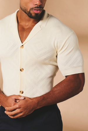 Diamond Jacquard Revere Collar Knitted Shirt in Ecru - TAILORED ATHLETE - USA