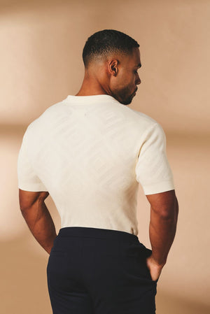 Diamond Jacquard Revere Collar Knitted Shirt in Ecru - TAILORED ATHLETE - USA