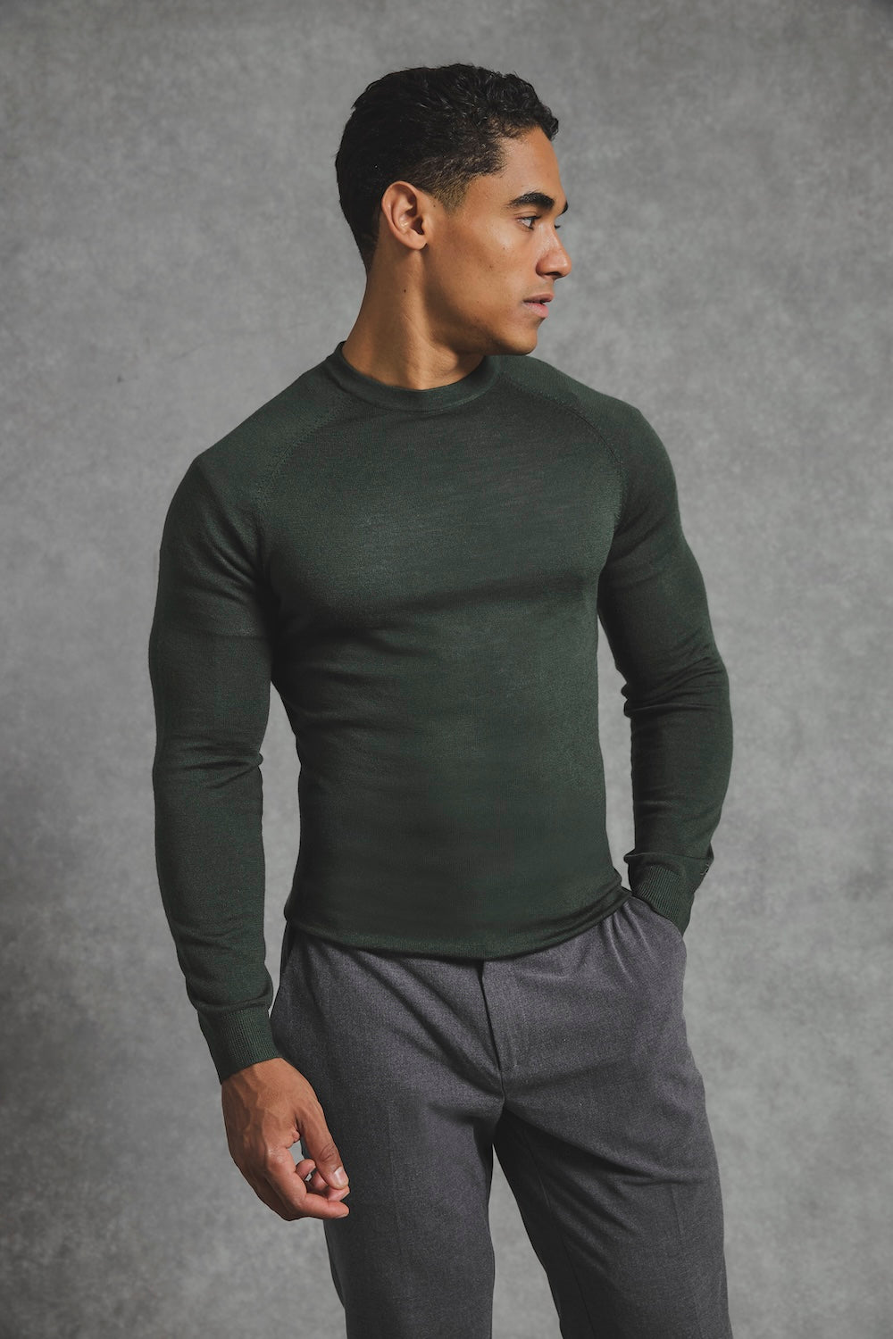 Extra Fine Merino Wool Crew Neck Sweater in Dark Evergreen - TAILORED ATHLETE - USA