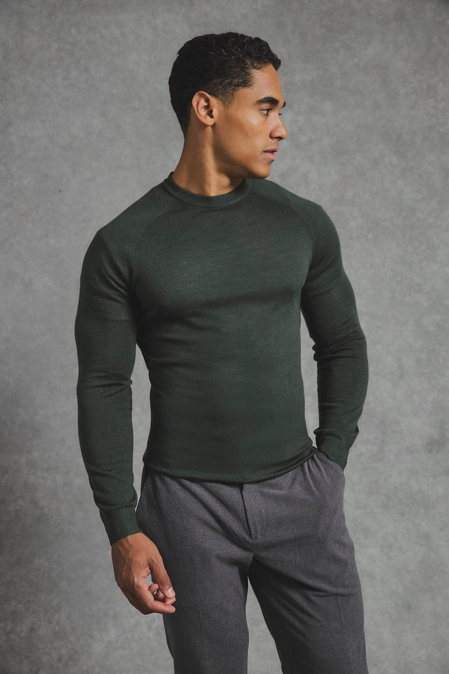 Extra Fine Merino Wool Crew Neck Sweater in Dark Evergreen - TAILORED ATHLETE - USA