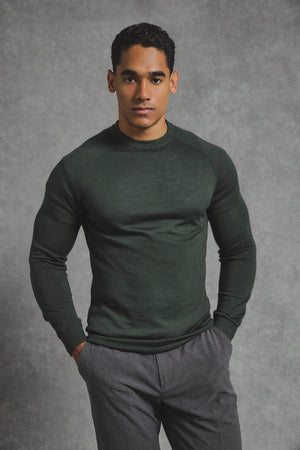 Extra Fine Merino Wool Crew Neck Sweater in Dark Evergreen - TAILORED ATHLETE - USA