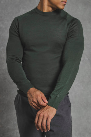 Extra Fine Merino Wool Crew Neck Sweater in Dark Evergreen - TAILORED ATHLETE - USA