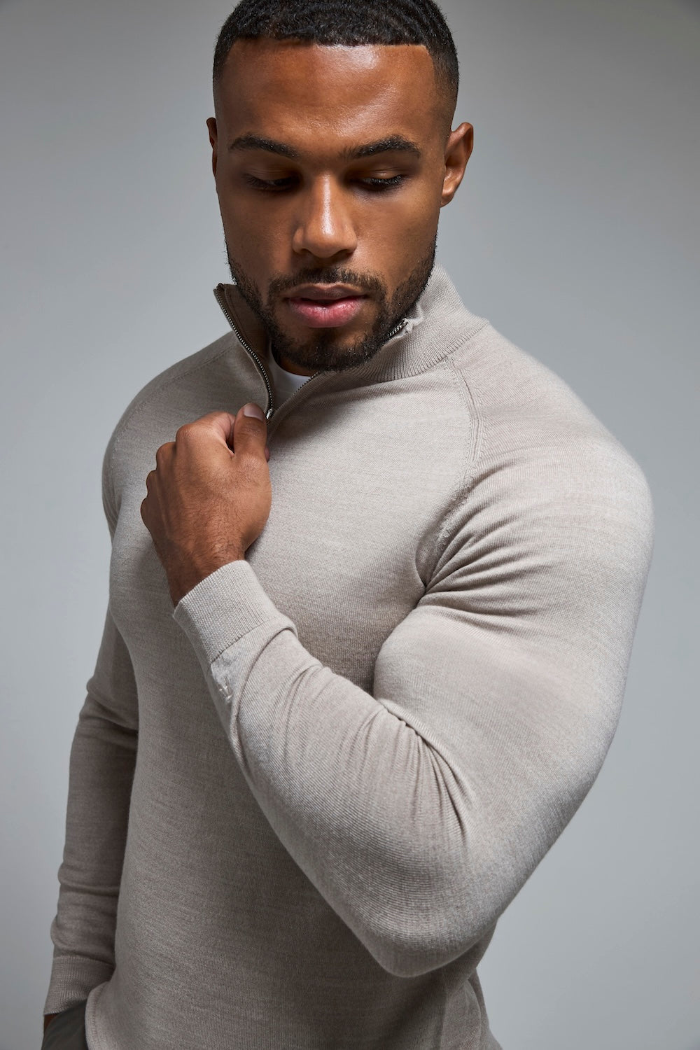 Extra Fine Merino Wool Half Zip Neck Sweater in Wheat Marl - TAILORED ATHLETE - USA