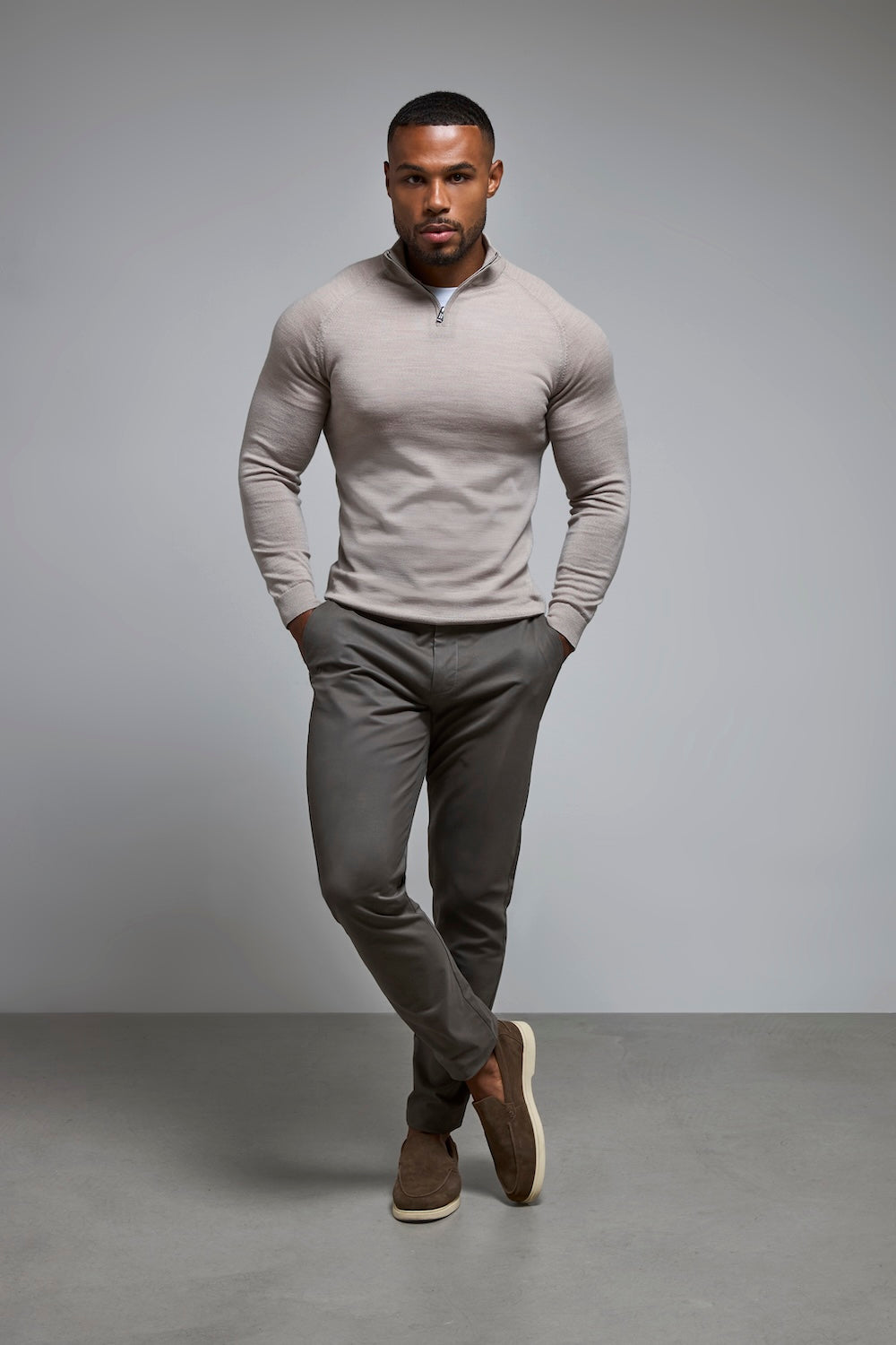 Extra Fine Merino Wool Half Zip Neck Sweater in Wheat Marl - TAILORED ATHLETE - USA