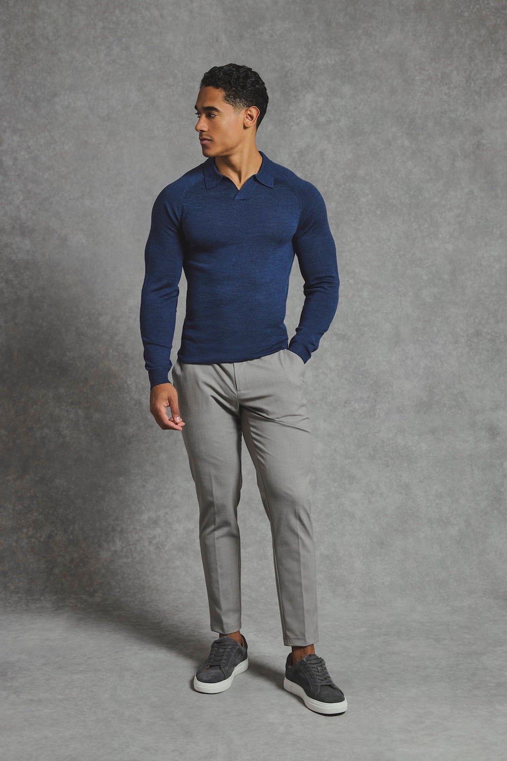 Extra Fine Merino Wool Open Collar Polo Shirt in Denim - TAILORED ATHLETE - USA