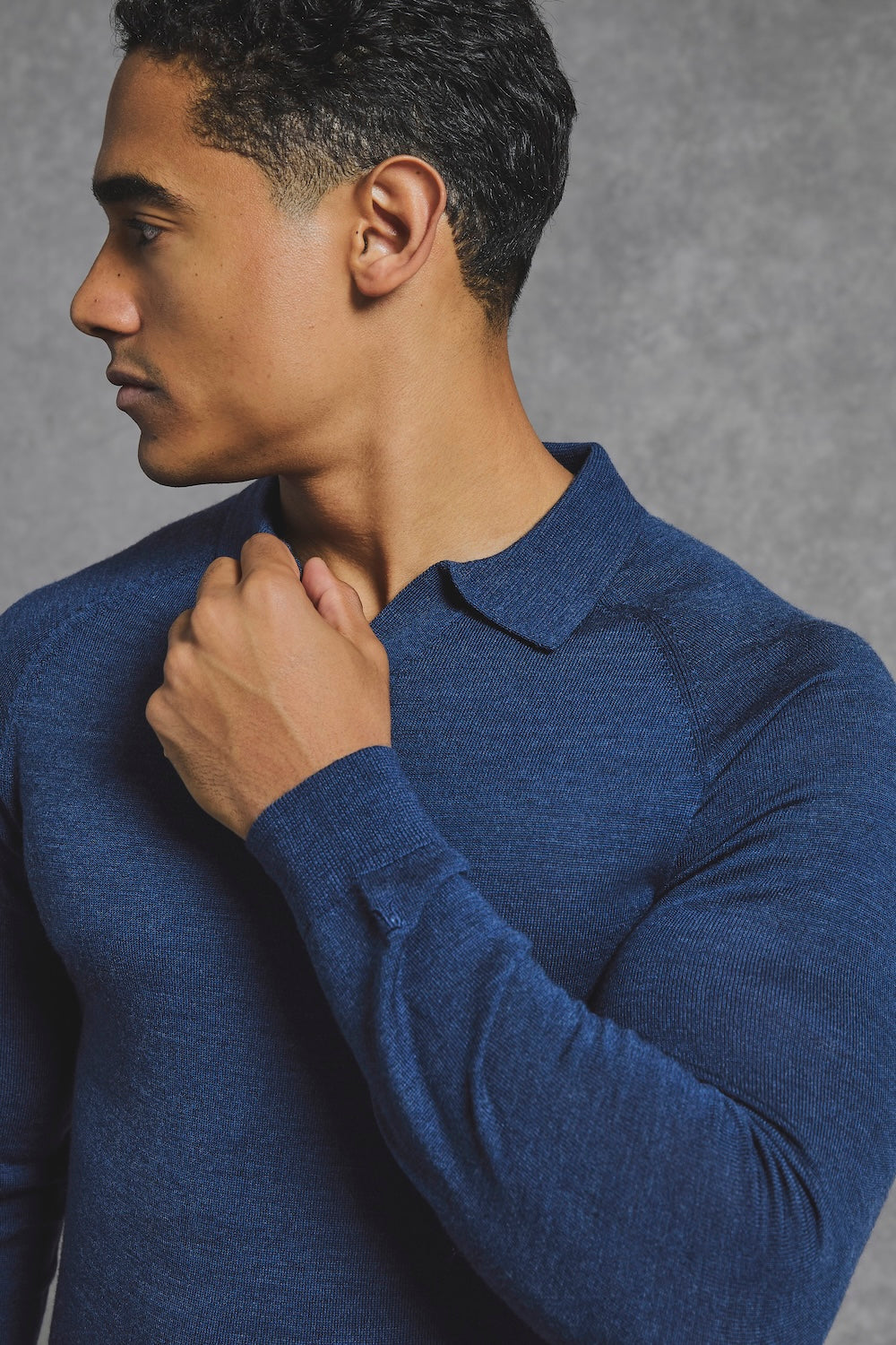 Extra Fine Merino Wool Open Collar Polo Shirt in Denim - TAILORED ATHLETE - USA