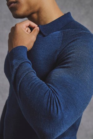 Extra Fine Merino Wool Open Collar Polo Shirt in Denim - TAILORED ATHLETE - USA