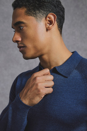Extra Fine Merino Wool Open Collar Polo Shirt in Denim - TAILORED ATHLETE - USA