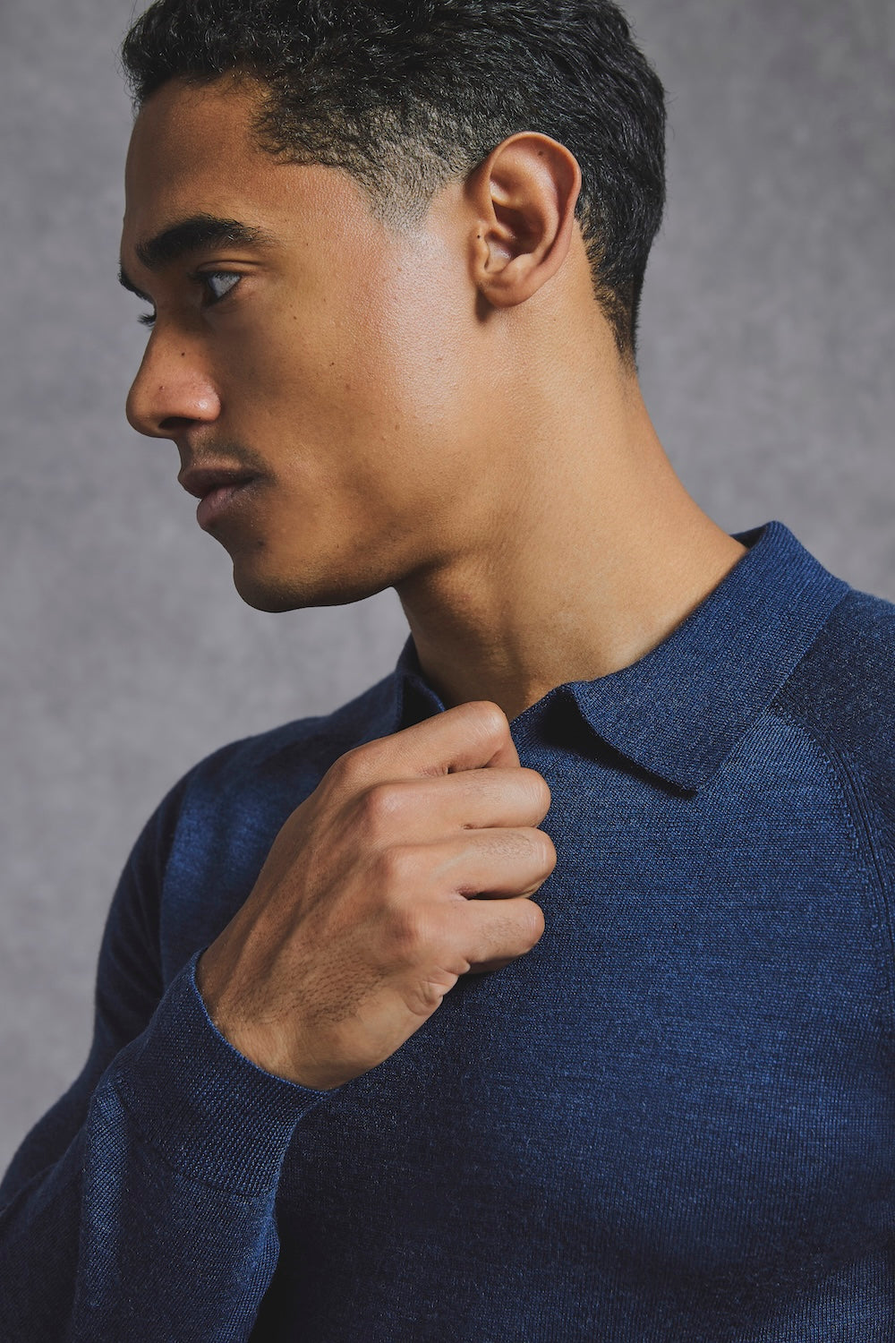 Extra Fine Merino Wool Open Collar Polo Shirt in Denim - TAILORED ATHLETE - USA