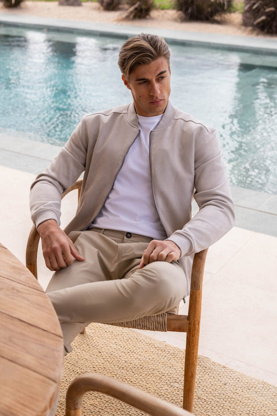 Suede Look Bomber Jacket in Stone - TAILORED ATHLETE - USA