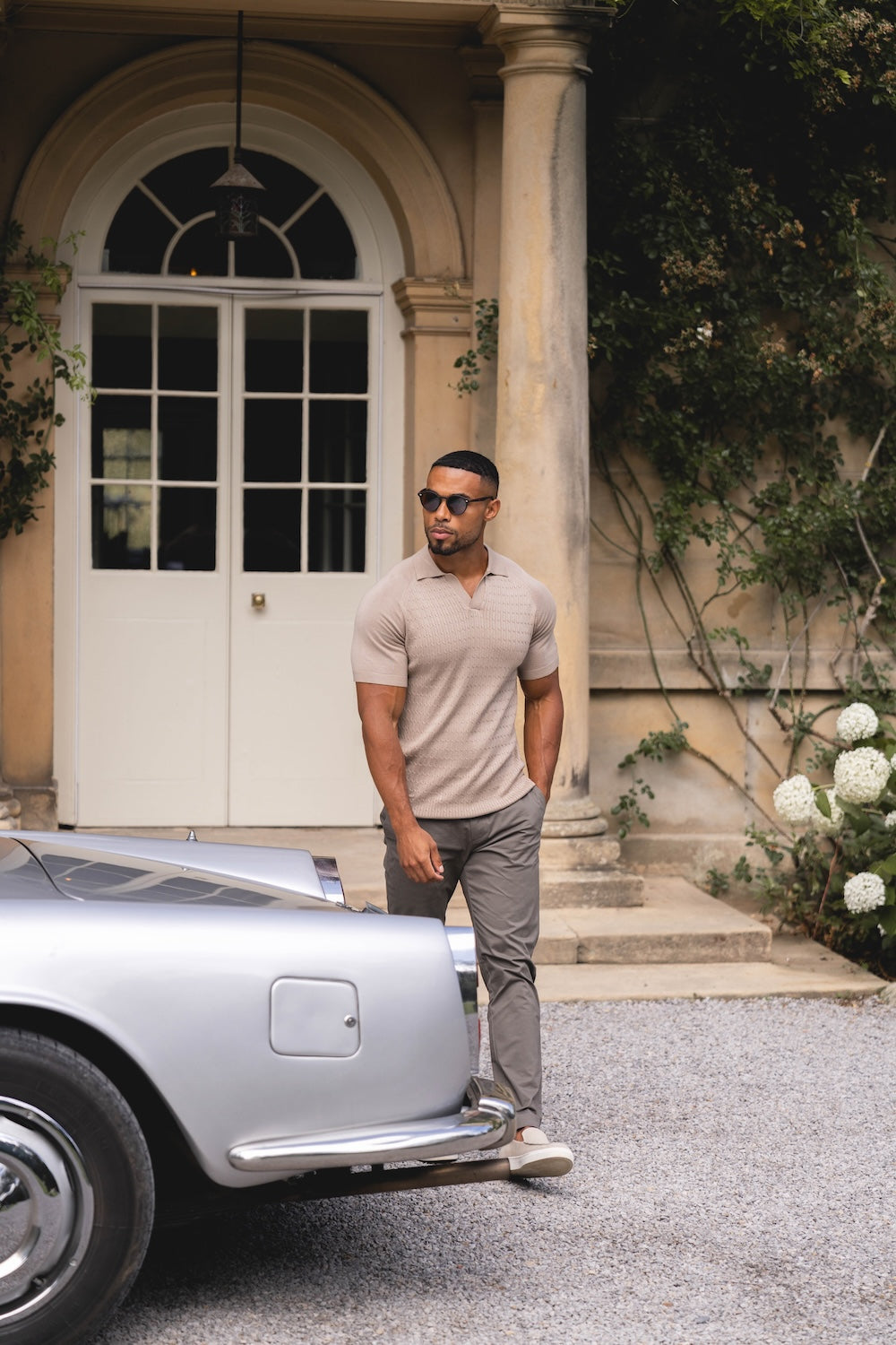 Fine Cable Knitted Polo Shirt in Stone - TAILORED ATHLETE - USA