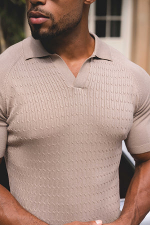 Fine Cable Knitted Polo Shirt in Stone - TAILORED ATHLETE - USA