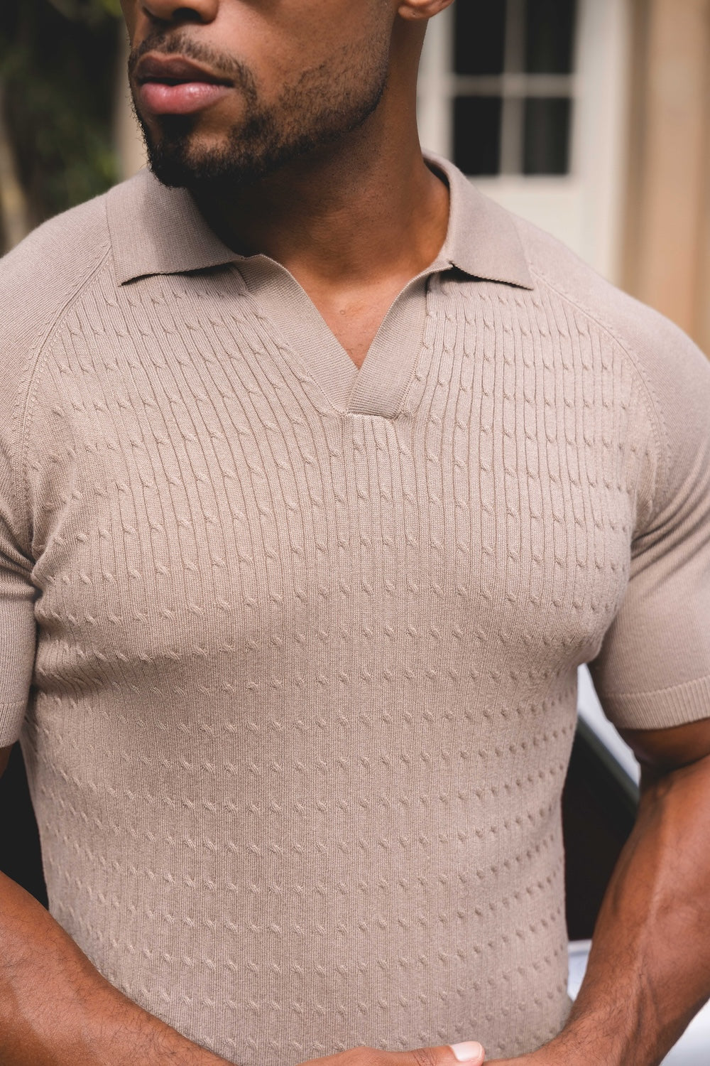 Fine Cable Knitted Polo Shirt in Stone - TAILORED ATHLETE - USA