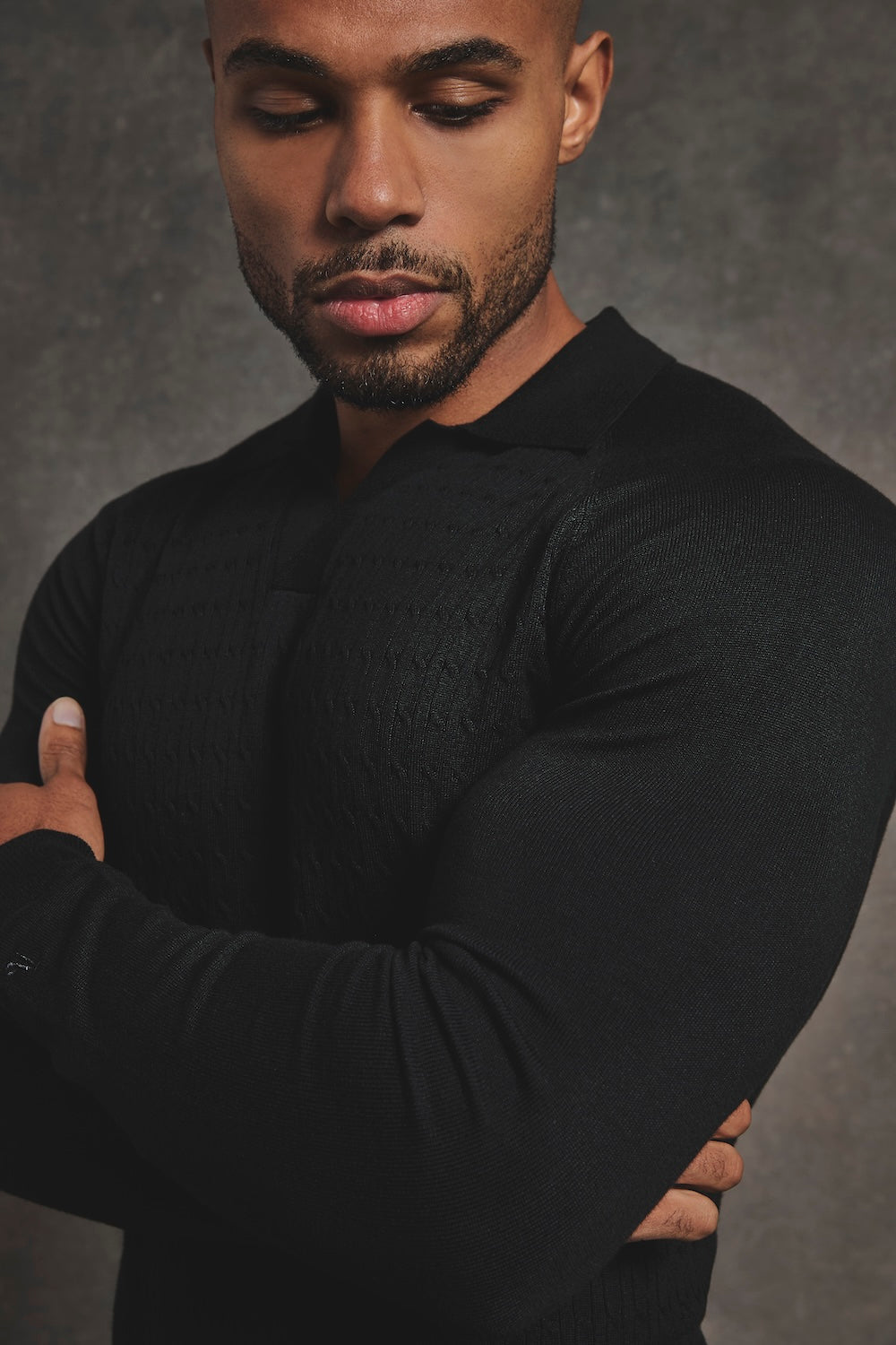 Fine Cable Knitted Polo Shirt in Black - TAILORED ATHLETE - USA