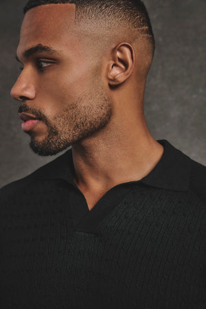 Fine Cable Knitted Polo Shirt in Black - TAILORED ATHLETE - USA