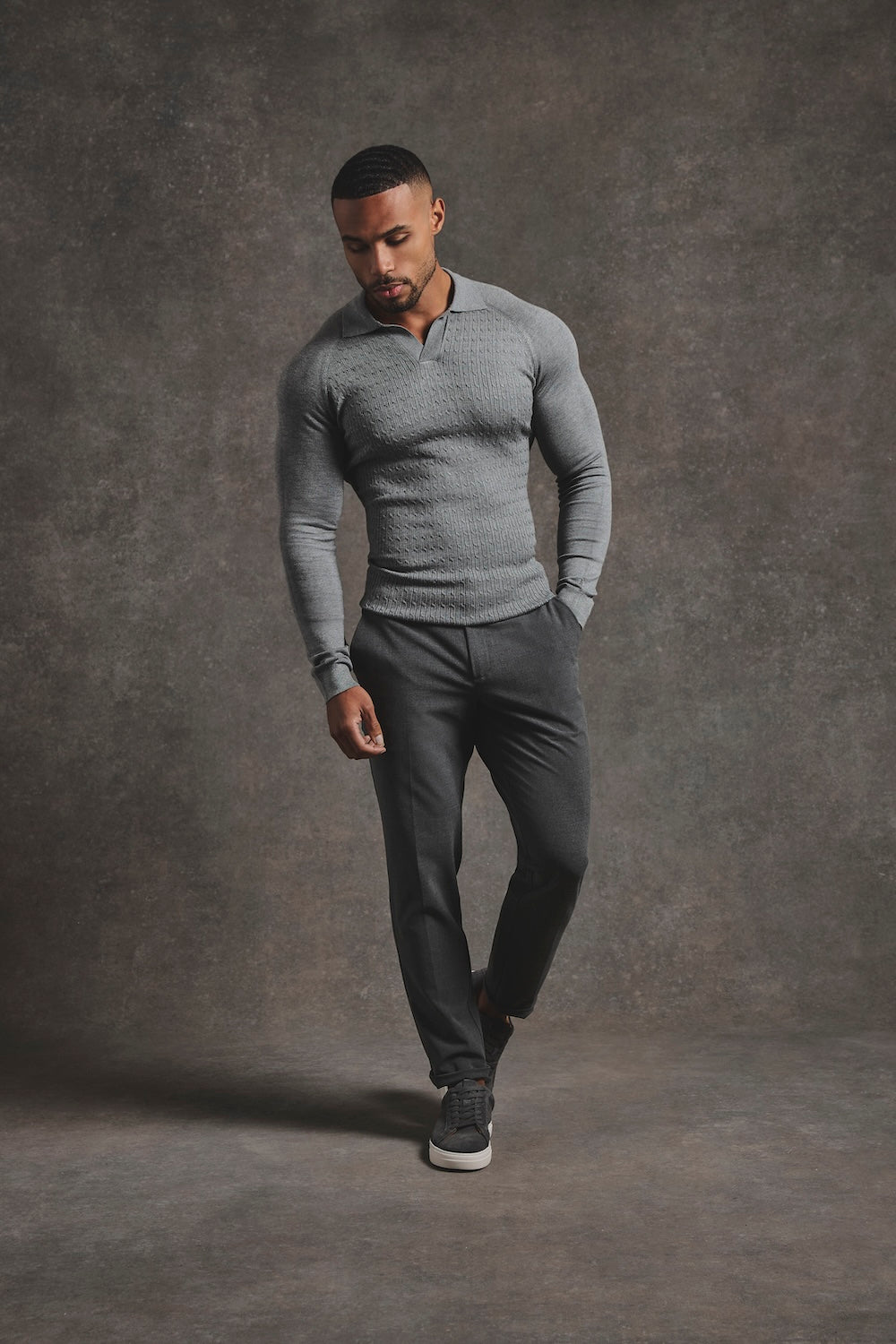 Fine Cable Knitted Polo Shirt in Grey Marl - TAILORED ATHLETE - USA