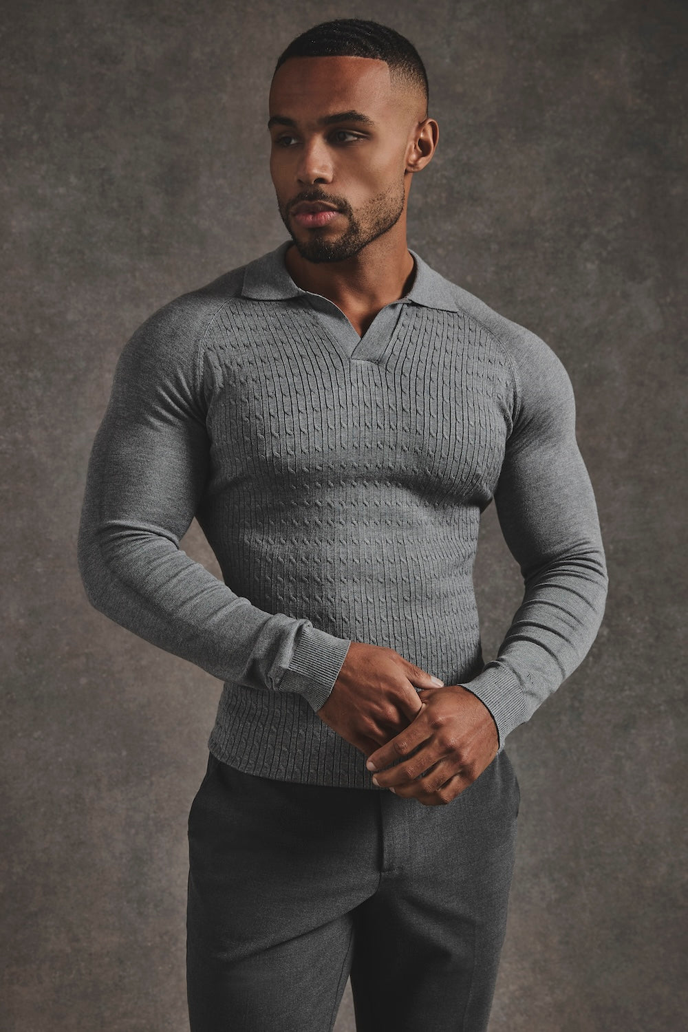 Fine Cable Knitted Polo Shirt in Grey Marl - TAILORED ATHLETE - USA
