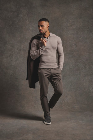 Fine Cable Knitted Polo Shirt in Neutral Marl - TAILORED ATHLETE - USA