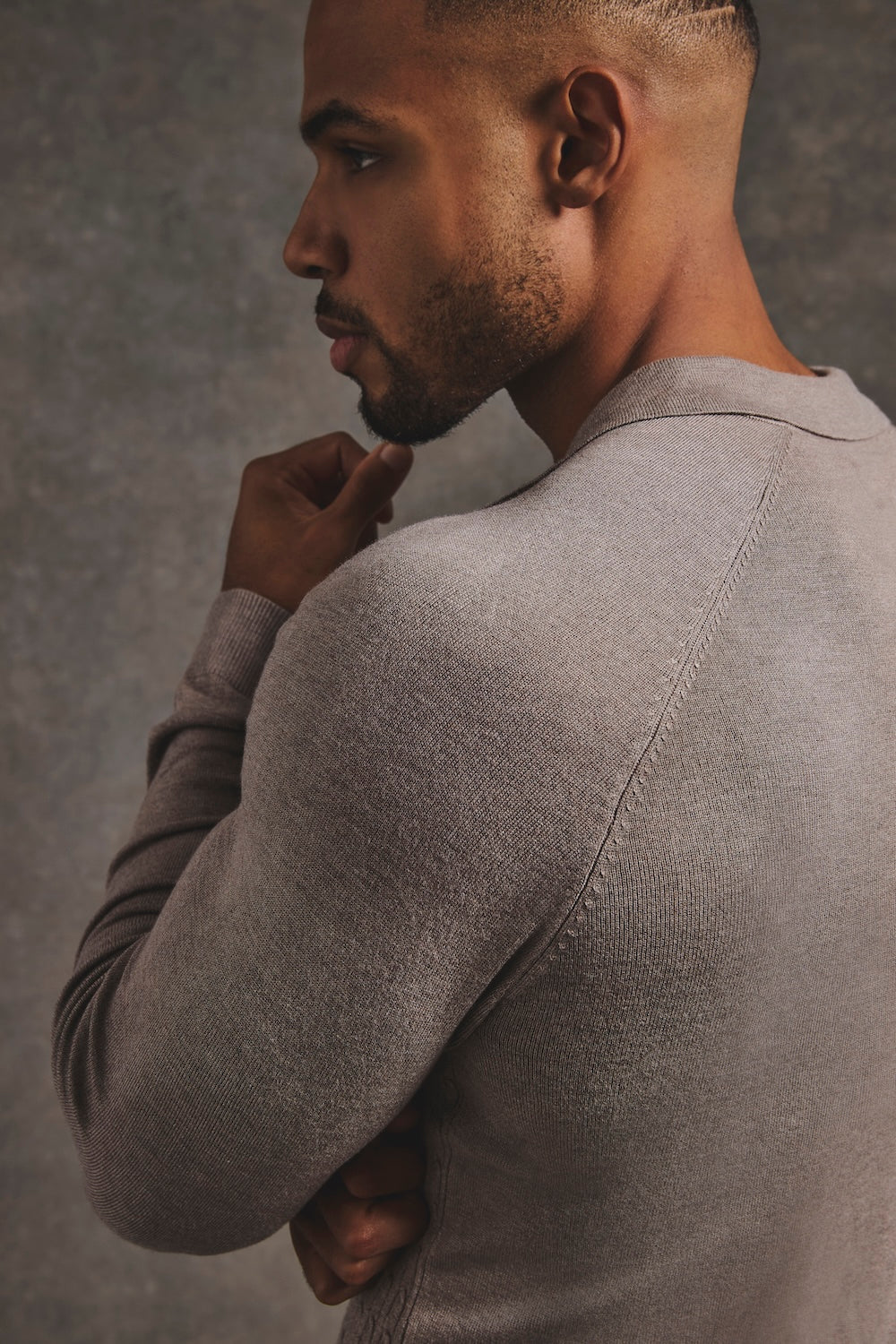 Fine Cable Knitted Polo Shirt in Neutral Marl - TAILORED ATHLETE - USA
