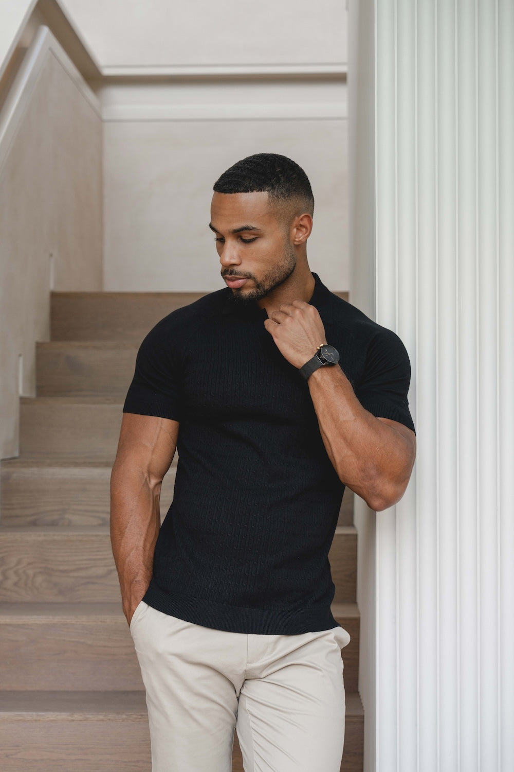 Fine Cable Knitted Polo Shirt in Black - TAILORED ATHLETE - USA