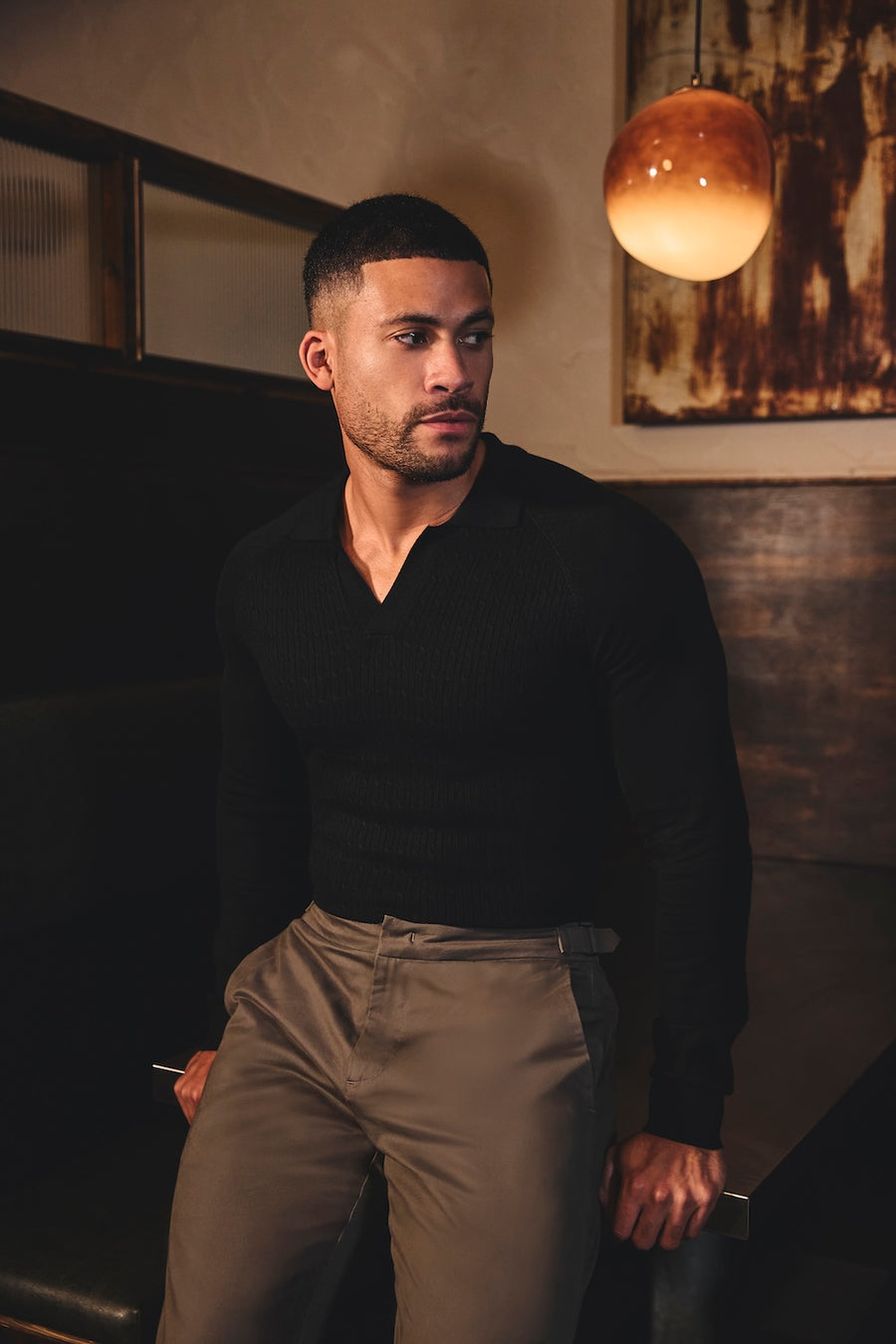 Fine Cable Knitted Polo Shirt in Black - TAILORED ATHLETE - USA