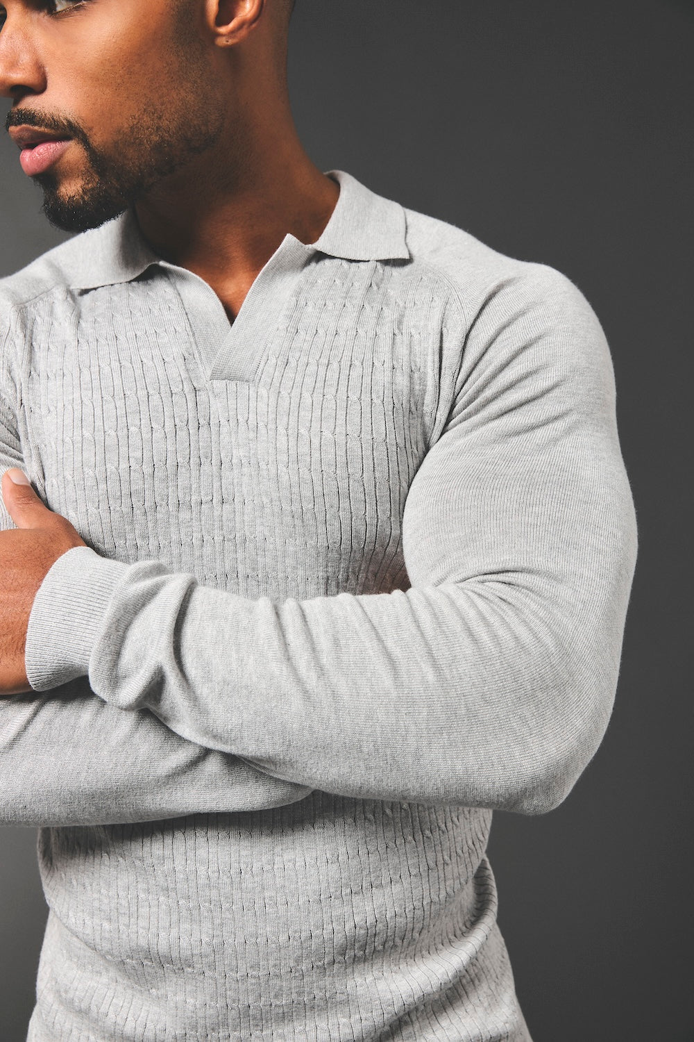 Fine Cable Knitted Polo Shirt in Light Grey Marl - TAILORED ATHLETE - USA