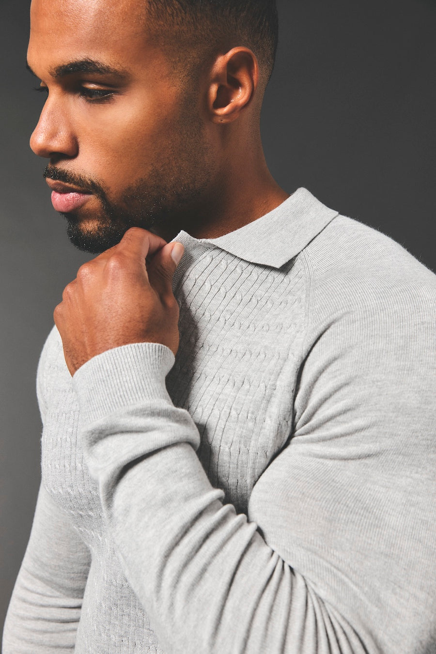 Fine Cable Knitted Polo Shirt in Light Grey Marl - TAILORED ATHLETE - USA