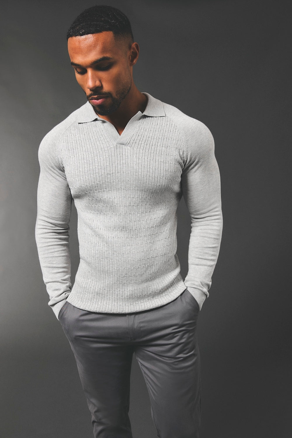 Fine Cable Knitted Polo Shirt in Light Grey Marl - TAILORED ATHLETE - USA