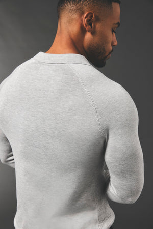 Fine Cable Knitted Polo Shirt in Light Grey Marl - TAILORED ATHLETE - USA