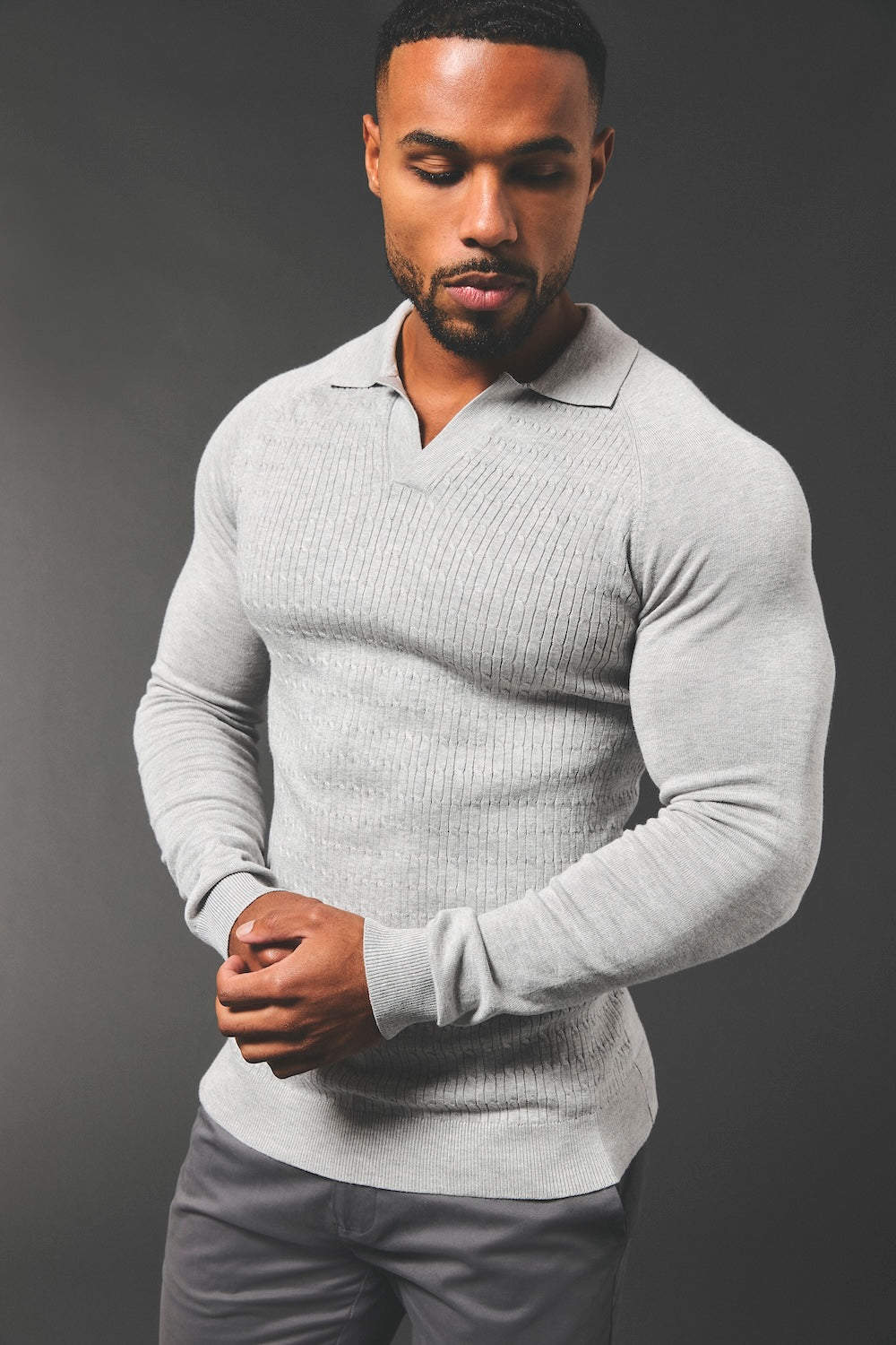 Fine Cable Knitted Polo Shirt in Light Grey Marl - TAILORED ATHLETE - USA