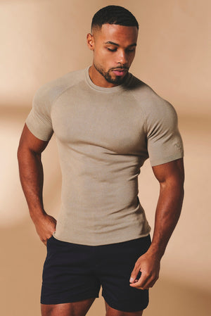 Fine Gauge Knitted T-Shirt in Stone - TAILORED ATHLETE - USA