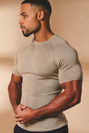 Fine Gauge Knitted T-Shirt in Stone - TAILORED ATHLETE - USA