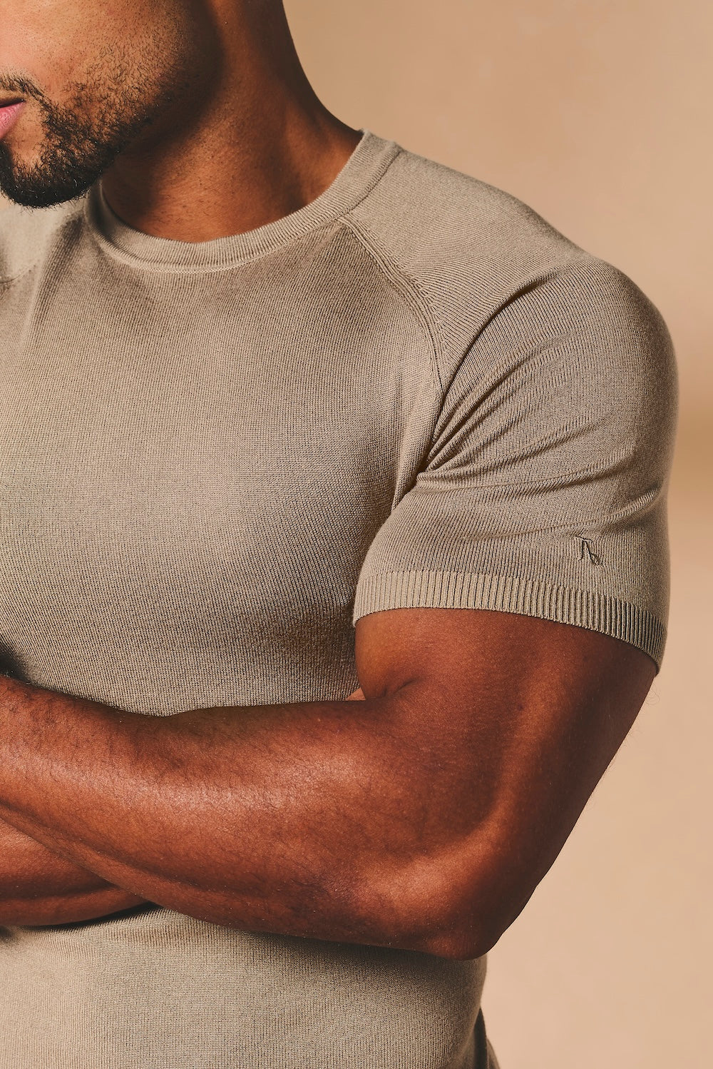 Fine Gauge Knitted T-Shirt in Stone - TAILORED ATHLETE - USA