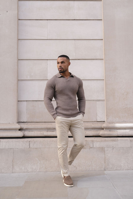 Fisherman Rib Open Collar Polo Shirt in Brown - TAILORED ATHLETE - USA